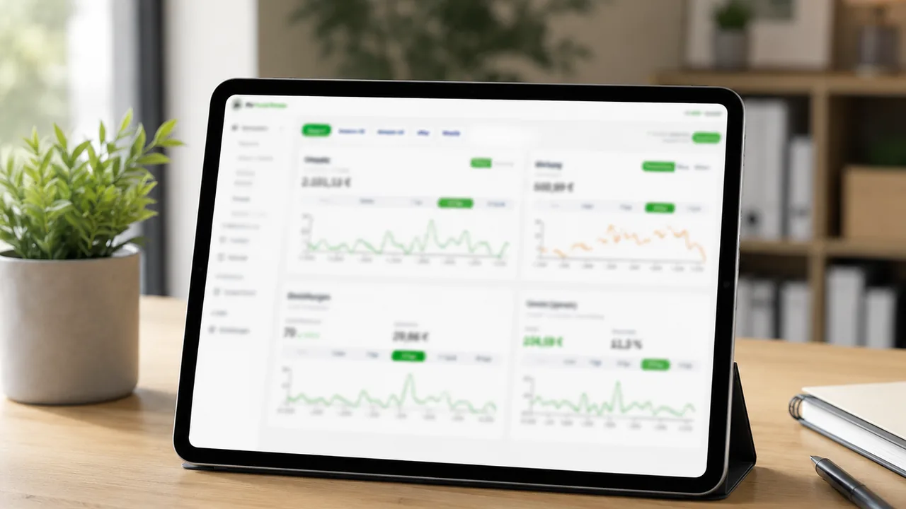 Ein Tablet auf einem Schreibtisch zeigt ein Live-Dashboard mit Umsatz, Werbung, Bestellungen und Gewinn